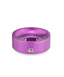 A purple object with a metal ring around it.