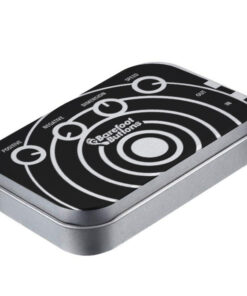 A tin with a black and white design on it.