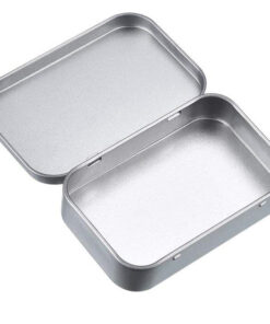 A silver tin with a lid open to show the contents.