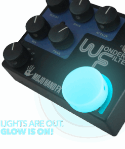 A blue light is on the top of a guitar pedal.