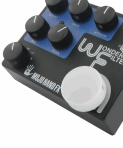 A black and blue guitar pedal with the top of it.