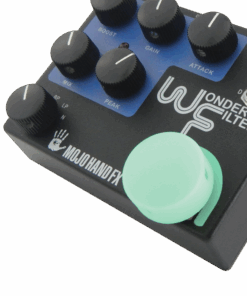 A blue and black guitar pedal with a green button.