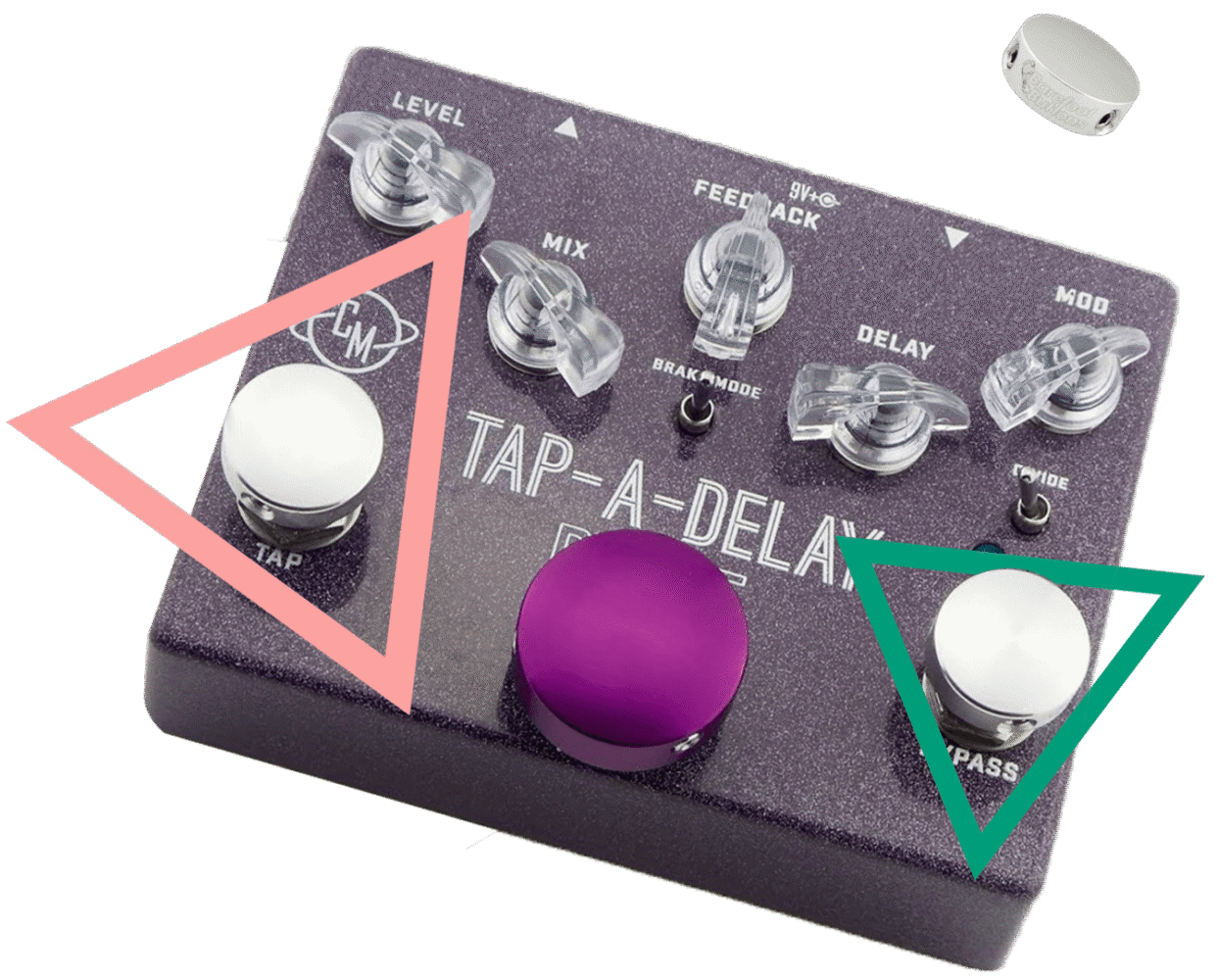 A purple and pink guitar pedal with three different colored buttons.