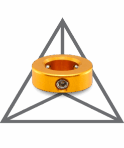 A yellow ring sitting in front of an inverted triangle.