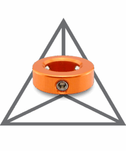 A orange ring sitting on top of a metal triangle.