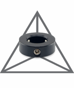 A black object with a triangle and a silver ring.