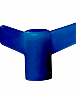 A blue plastic object is sitting on the ground.