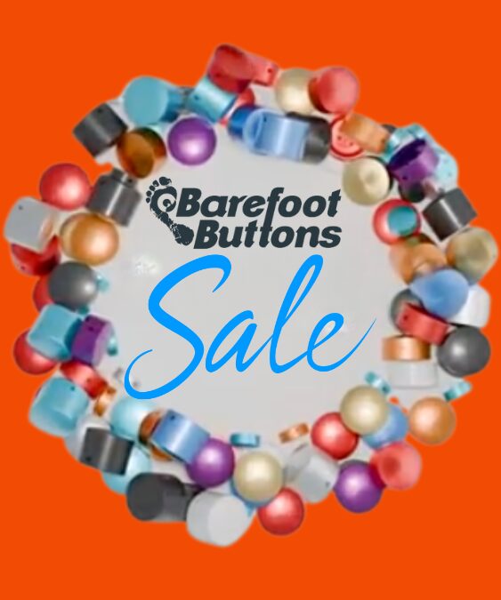 A circle of buttons with the words barefoot buttons sale in front.