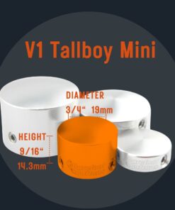 Barefoot Buttons Tallboy Mini shown with other fit types for size comparison, featuring 3/4 inch diameter and 9/16 inch height.