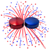 An image of a red and blue V1 Mini Barefoot Button with a firework in the background