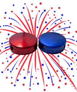 An image of a red and blue V1 Mini Barefoot Button with a firework in the background
