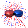 An image of a red and blue V1 Standard Barefoot Button with a firework in the background
