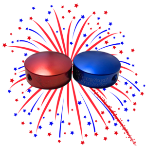 An image of a red and blue V1 Standard Barefoot Button with a firework in the background