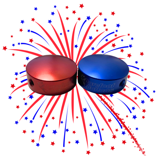 An image of a red and blue V1 Standard Barefoot Button with a firework in the background