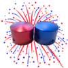 An image of a red and blue V1 tallboy Barefoot Button with a firework in the background