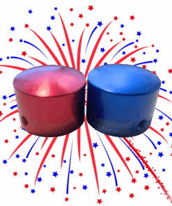 An image of a red and blue V1 tallboy Barefoot Button with a firework in the background