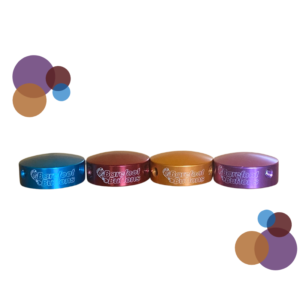 Four Barefoot Buttons Side by side, version 2, in colors light blue, red, orange, and purple