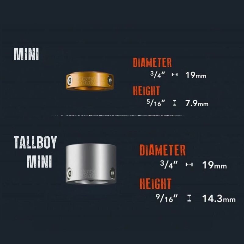 Barefoot Buttons Mini and Tallboy Mini shown side-by-side with dimensions, comparing 3/4 inch diameter with 5/16 inch and 9/16 inch heights.