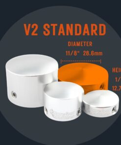 Barefoot Buttons V2 Standard footswitch toppers shown next multiple sizes for comparison with standard diameter and height measurements highlighted.